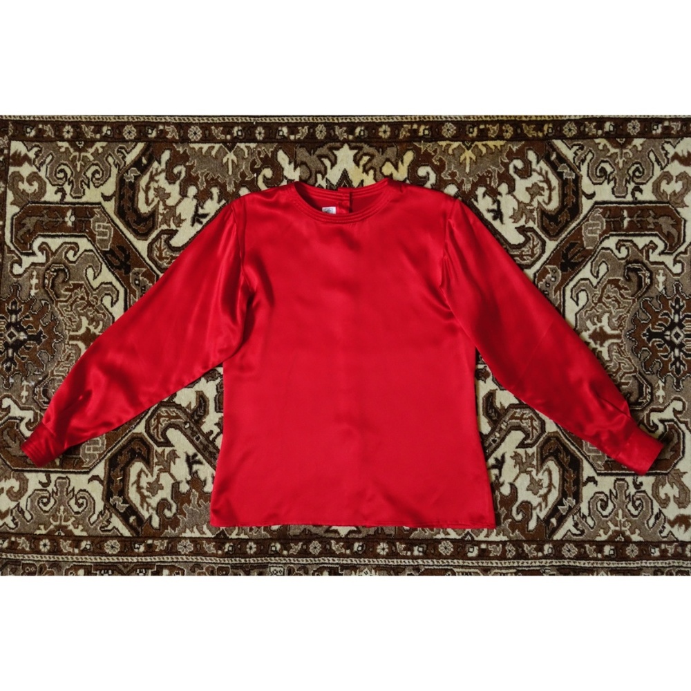 Vintage 80s Red Silk Satin Long Sleeve Top sz 6 - Picture 3 of 5
